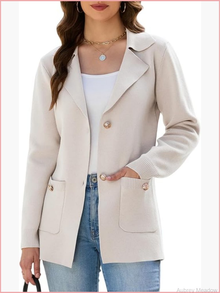 Sweater Blazer Long Sleeve Cardigan Notch Lapel Button Front Pockets
